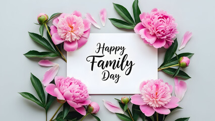 Happy family day wishes with pink peonies and greenery