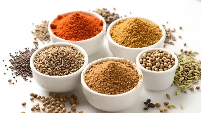 Variety of spices in bowls, ideal for culinary and food-related designs
