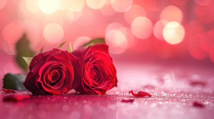 red roses, the symbol of love and romance with bokeh background for Valentine card wallpaper banner.	