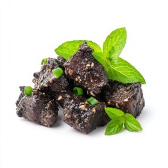 Delicious Dark Sweet Meat Cubes Garnished with Fresh Mint and Chopped Onions on a White Background