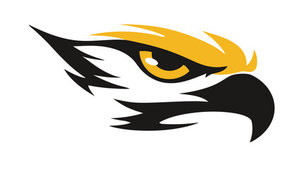 A stylized illustration of a bird's head in black, yellow, and white with focused gaze