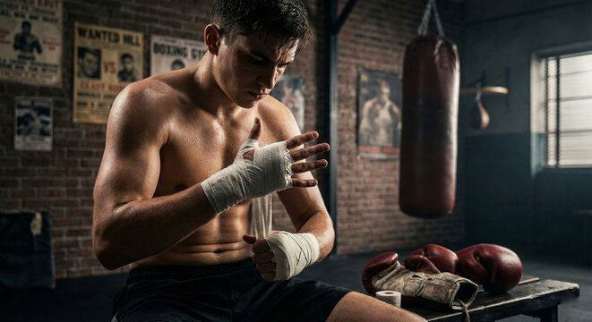 Dedicated young male boxer carefully wrapping his hands with athletic tape before an intense workout in a raw gym. - Powered by Adobe