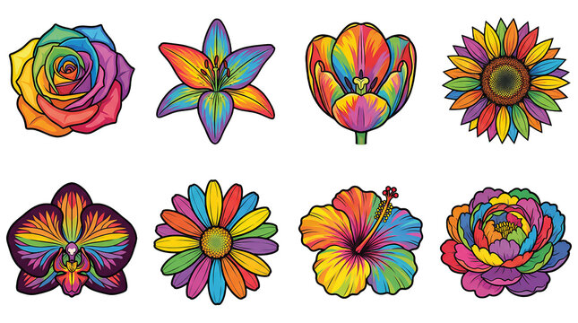 Rainbow flower set including rose, lily, tulip, sunflower, orchid, daisy, hibiscus, and peony isolated. Floral design elements for spring and summer celebration. - Powered by Adobe