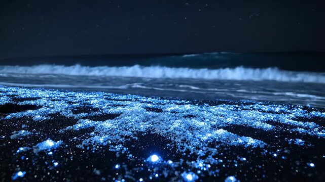 Bioluminescent Ocean Waves on Dark Sandy Beach Under Starry Night Sky
