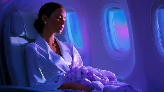 A tranquil moment captured within the confines of a spacious airplane cabin, where a peacefully sleeping woman enveloped in soft fabrics drifts into a serene escape against the backdrop of ethereal