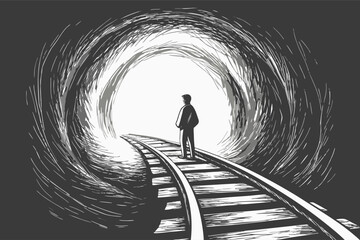 Solitary Figure on Railroad Tracks Leading to Light Tunnel