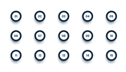 set of circular bullet points from 1 to 15 number key