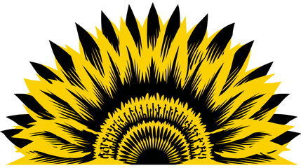 A stylized semi-circular illustration of a sunflower with yellow petals and black center