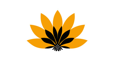 Simplified graphic of a flower with overlapping petals in orange and black on a white background