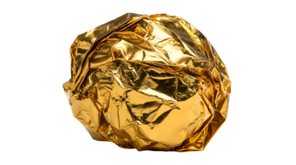 A crinkled ball of gold foil wrapper smoothed out flat on a white background with shiny and metallic and packaging and material and texture and close up