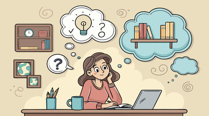 Creative Woman Brainstorming Ideas Thought Bubbles Vector