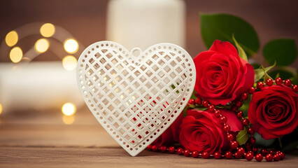Romantic valentine's day setup with heart ornament and red roses