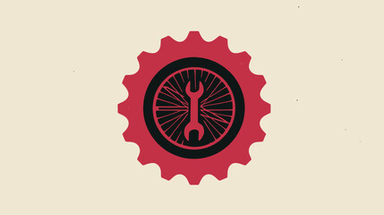 A red gear encloses a black wheel with red spokes and a wrench, set against a cream background