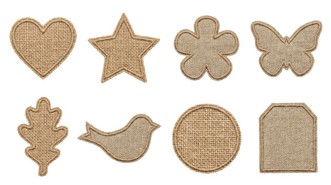 Burlap fabric patch set including heart star flower butterfly leaf bird circle and tag shapes isolated. Rustic textile element collection for crafting and scrapbooking.