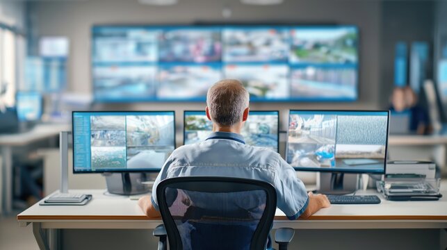 Security operator monitoring surveillance cameras in a control room. Back view of a man watching CCTV screens in a modern operations center. Professional safety and protection concept