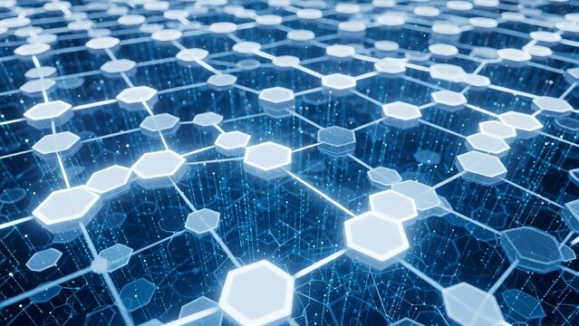 Glowing white hexagons on blue background with grid lines futuristic digital network pattern with bright connections - Powered by Adobe