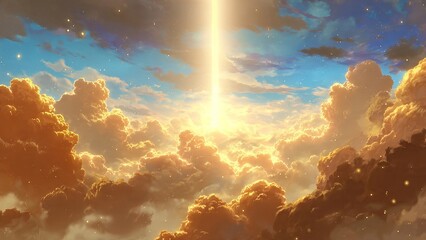 Epic golden clouds illuminated by a powerful vertical beam of divine light in the blue sky