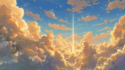 Dramatic golden sunset clouds with a bright ethereal light column piercing the blue sky