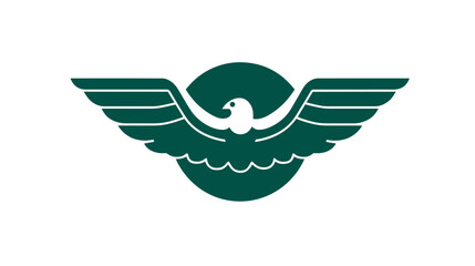 A stylized emblem with a bird-like figure within a circle and wings spread out on white background