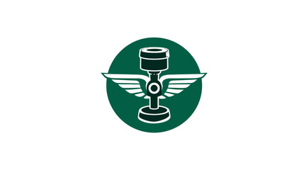 A dark green circle contains a stylized emblem of a winged, geometric object on a white background