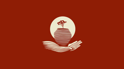 Illustration of a vase holding a tree in an oval shape, above hands, on a dark red background