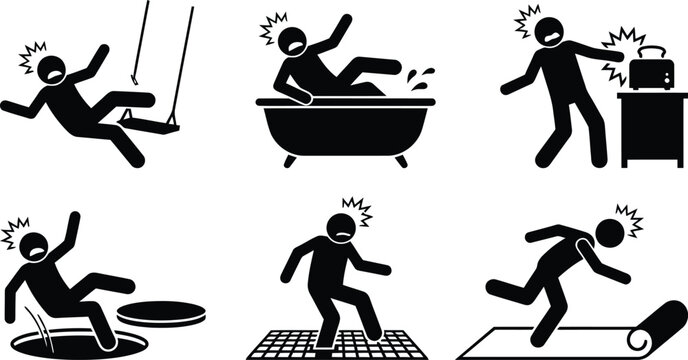 Common domestic and outdoor accidents leading to falls, slips, and electric shocks