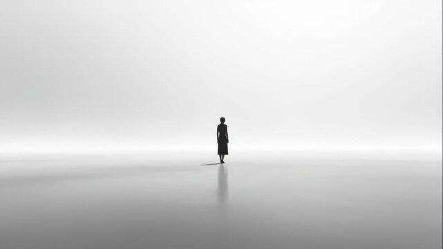 A lone figure stands in a vast, empty, foggy landscape viewed from a distance
