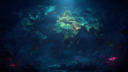 Bioluminescent world map floating above a dark, alien landscape with glowing pink fungi