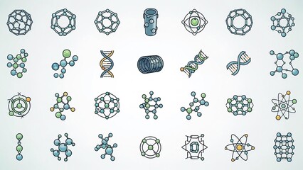 Collection of various molecular and atomic structures in blue and green hues on white background for science and chemistry concepts