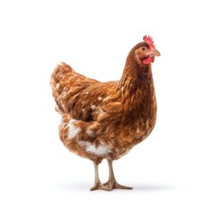 Detailed Close-Up of a Healthy Brown Chicken with Vibrant Feathers Standing Proudly on a White Background