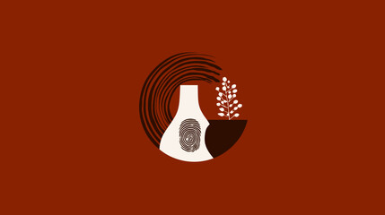 Stylized, minimalist graphic with a vase, fingerprint,  plant, and  swirls on a red-brown backdrop