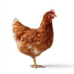 Fototapeta premium Brown hen standing gracefully on a clean white backdrop showcasing its feathers and unique characteristics in a studio setting