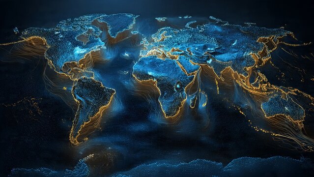Abstract glowing digital world map showing global network and data flow - Powered by Adobe