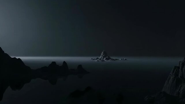 Misty mountain peaks rising from foggy landscape at dusk from a high vantage point