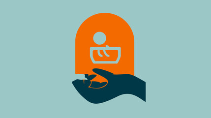 A hand supports an orange arch holding a person, symbolizing care. Colors are teal, orange, and navy