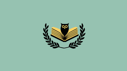A logo design depicts a black owl perched on an open book. It is framed by a wreath on a light green background