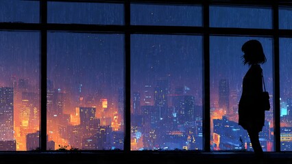 Moody silhouette watching the vibrant orange and blue rainy city skyline at night