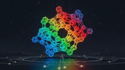 Vibrant rainbow colored molecular structure model with glowing connections floating above a reflective surface against a dark background with subtle lighting effects