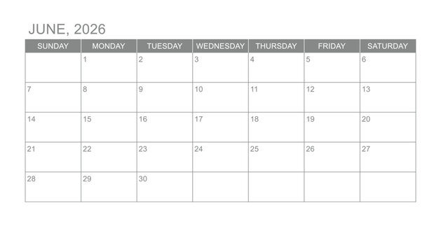 Classic monthly calendar for 2026. week starts on sunday. simple june 2026 calendar template. new monthly planner design