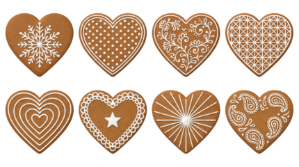 Heart gingerbread cookie set including snowflake, polka dot, floral, and paisley icing patterns isolated. Festive Christmas and holiday dessert collection.