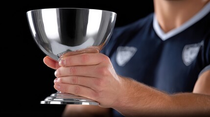 Team member displays silver trophy after winning competition at sports event in evening, showcasing achievement and teamwork