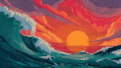 Vibrant graphic illustration of a huge ocean wave crashing under a dramatic orange and purple sunset