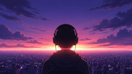 Anime person wearing headphones watching vibrant purple sunset over sprawling metropolis cityscape