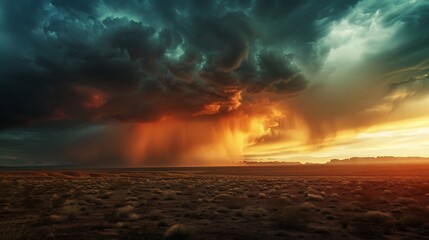 Obraz premium Dramatic supercell thunderstorm illuminates a vast arid landscape during sunset with intense orange and teal hues creating a powerful weather phenomenon scene