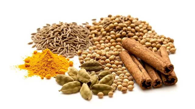 Aromatic Spices Collection Cinnamon, Turmeric, Cardamom, Cumin, Coriander