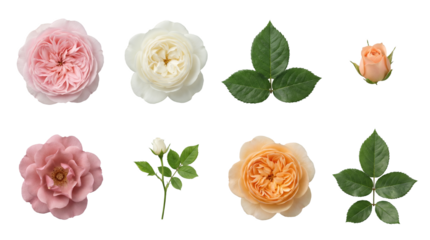 Pink and white rose flower set including blossoms, buds, and green leaves isolated. Floral botanical garden collection.