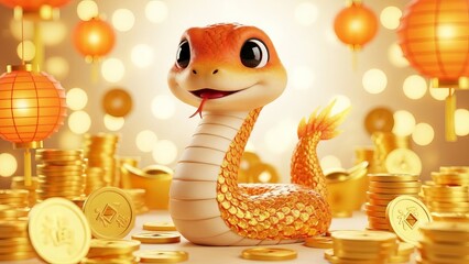 Cute 3D Chinese Zodiac snake character with gold coins and lanterns celebrating Lunar New Year