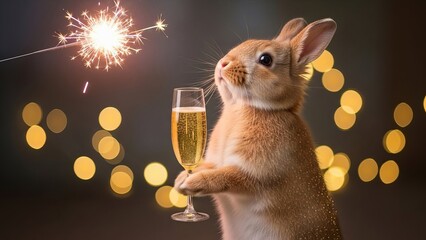 Adorable bunny holding a champagne flute, looking at a bright sparkler against golden bokeh