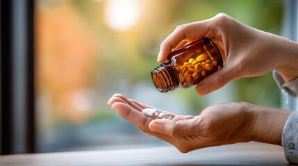 Woman pouring pills from a medicine bottle into her hand. Taking a daily dose of vitamins or supplements. Healthcare and self-care concept