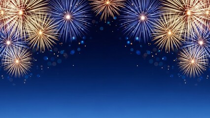 Symmetrical blue and golden fireworks frame with bokeh lights on a deep blue night sky